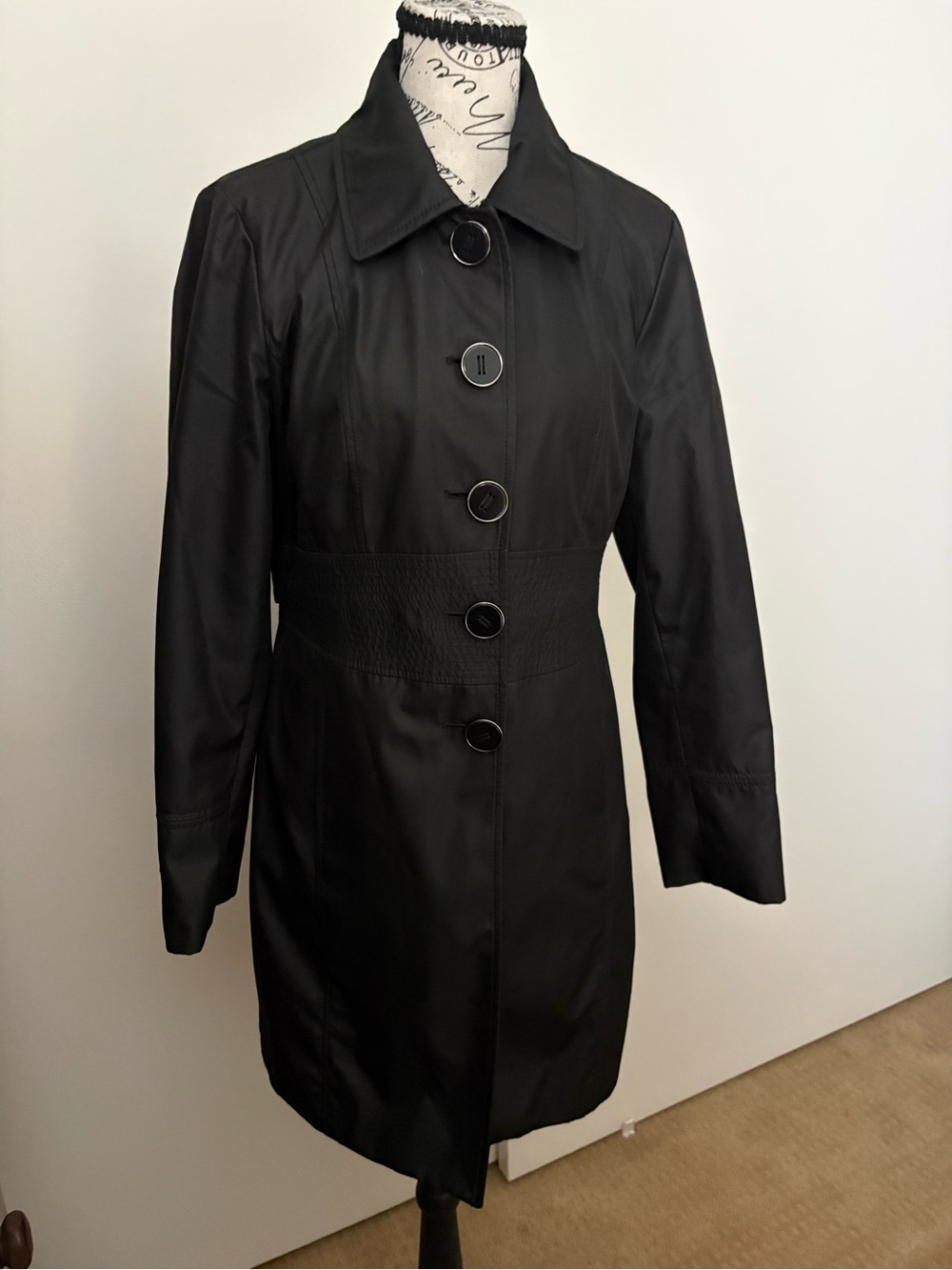 Kenneth Cole Black Button-Front Long Trench Coat